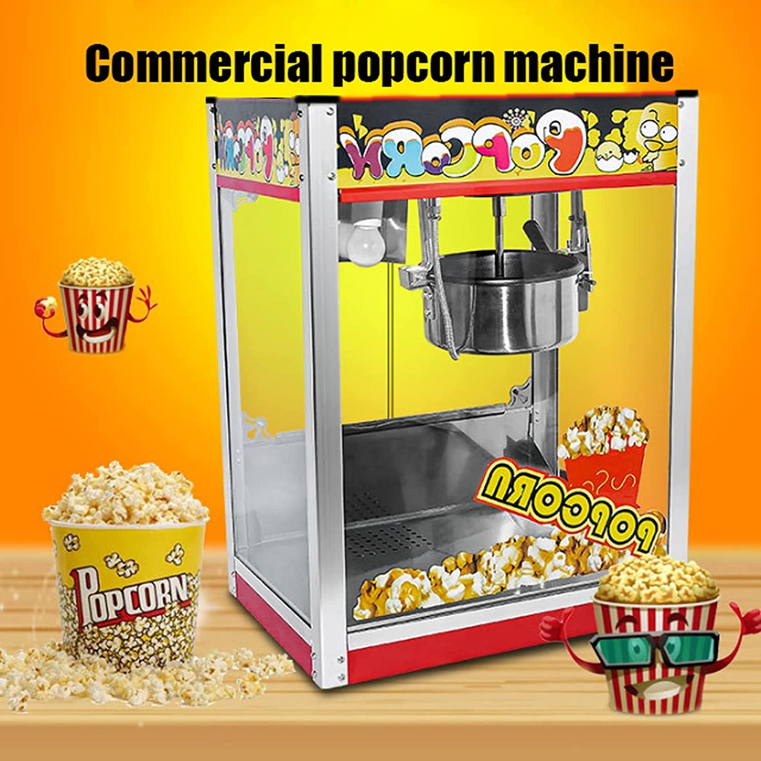 Komercyjna maszyna do popcornu do kina, maszyna do popcornu na gorące powietrze o mocy 1400 W z patelnią zapobiegającą przywieraniu, maszyna do utrzymywania ciepła popcornu