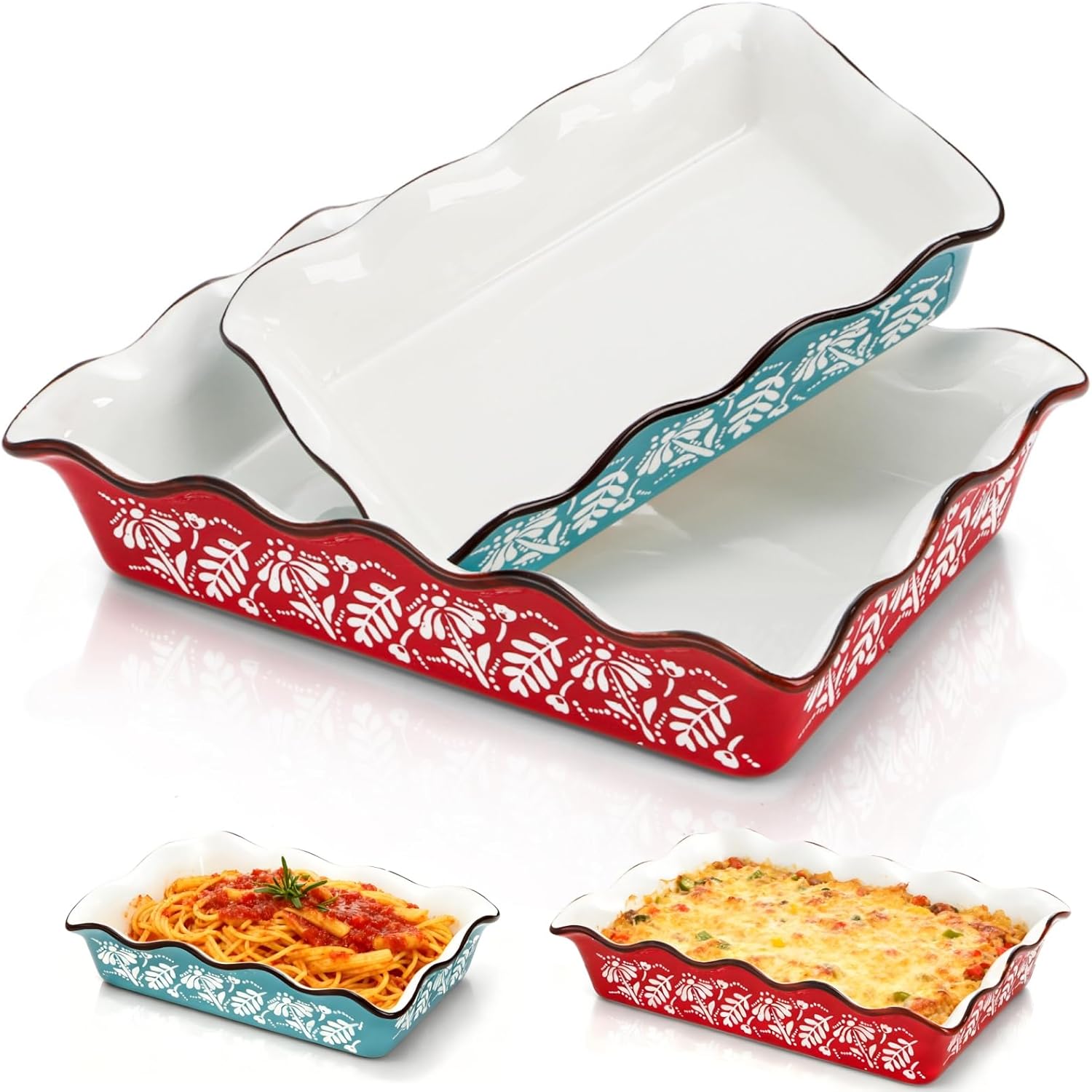 Acshio 2 Pack Ceramic Lasagna Pans - Oven Safe Rectangular Casserole Dishes, Nonstick Deep Bakeware for Family Meals & Sides