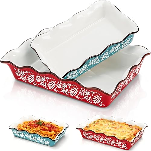 2 Pack Ceramic Baking Dishes, Large Rectangular Casserole Dish Lasagna Pan for Oven, Nonstick Deep Serving Dishes Roaster Bakeware Sets for Cooking, Home, Kitchen
