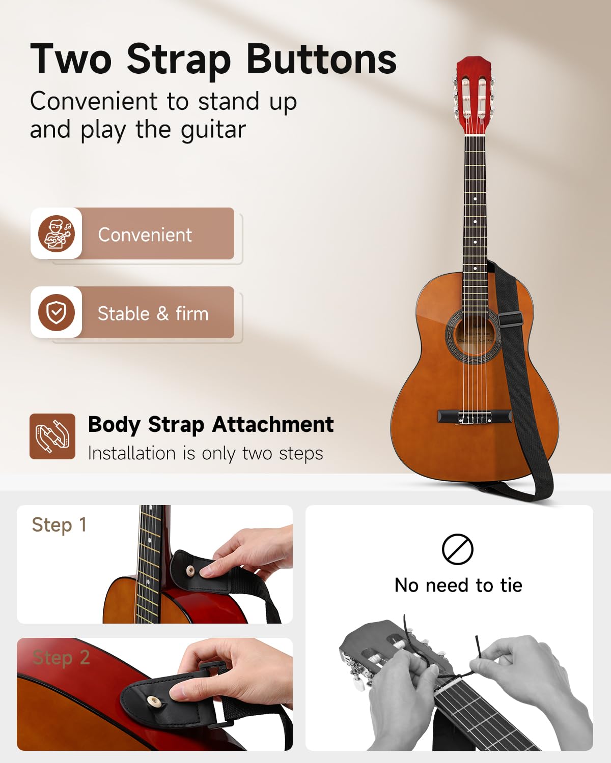 Moukey 36" Akustikgitarre für Anfänger Kinder Jugendliche 3/4 Dreadnought Reisegitarre Gitarren-Set mit Akkordposter, Gigbag, Stimmgerät, Plektren, Nylonsaiten, Kapodaster und Gurt – Braun