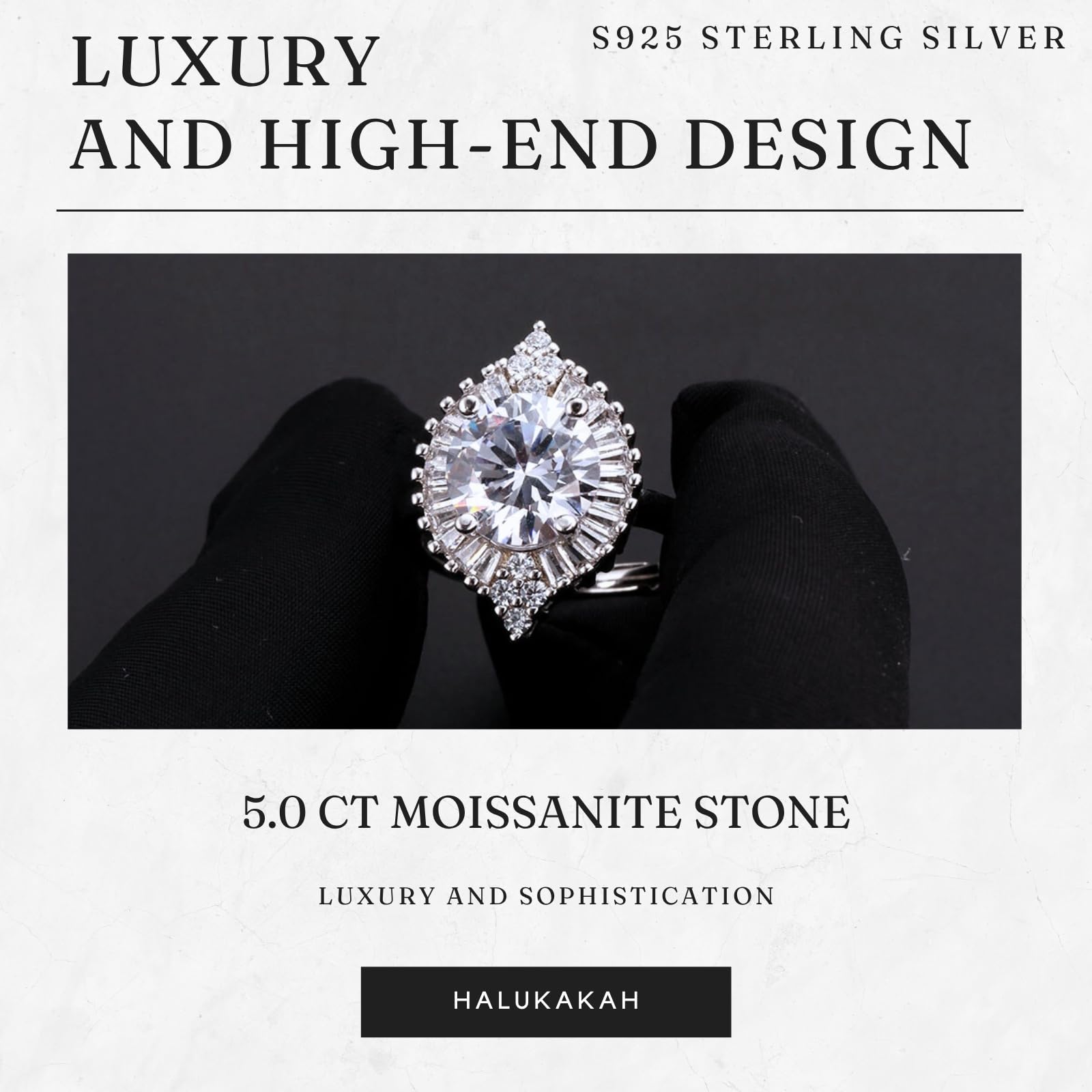 HALUKAKAH Anillo para Mujer con Moissanita D3,0 ct Plata de Ley 925 Baño en Platino con Certificado,Diamantes de Laboratorio Etéreos en Redondo Engaste Garras,para Compromisos,Bodas,Talla Ajustable