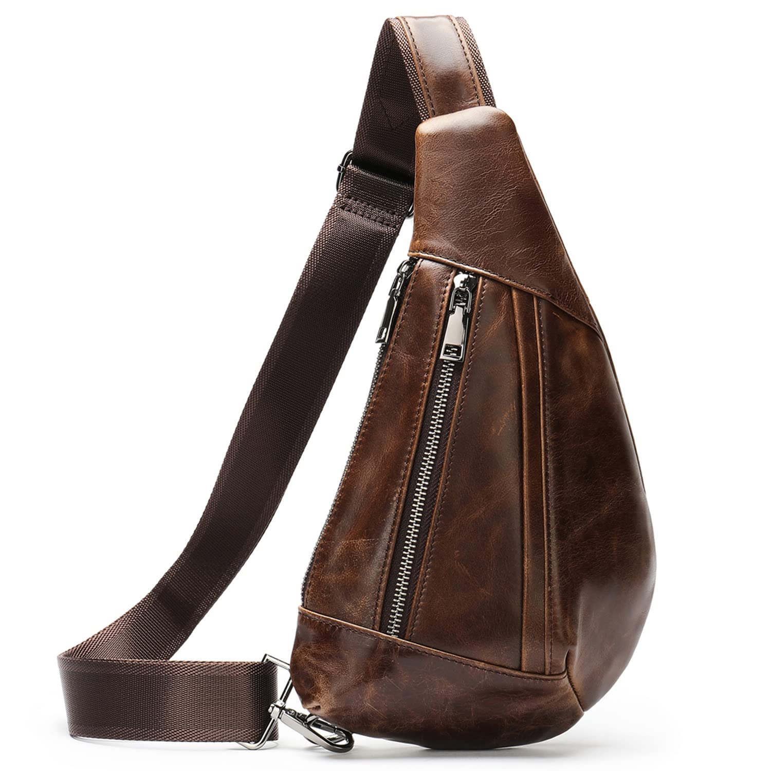 Leather Crossbody Sling Bag for Men Women Single Shoulder Chest Pack Backpack Outdoor Travel Camping Casual Daypack, Deep Brown