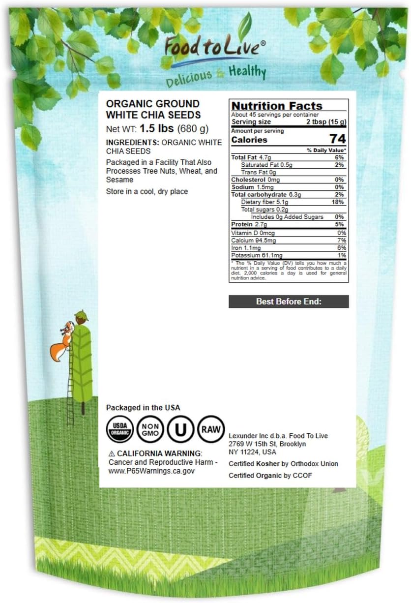 Food to Live Organic Ground White Chia Seeds, 1.5 Pounds – Raw Natural Milled Seeds. Non-GMO, Kosher, Vegan, Bulk