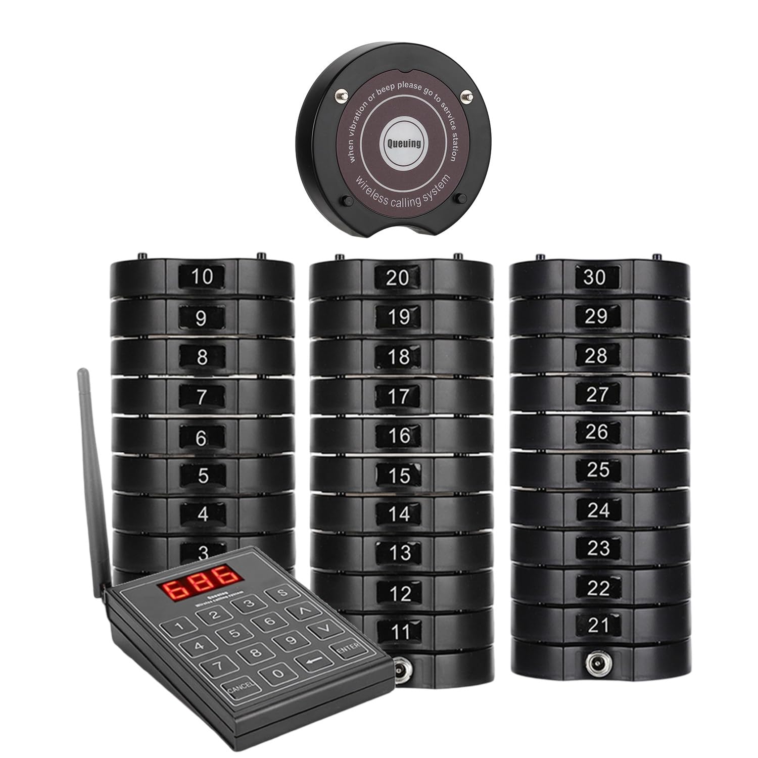 Localizador Inalámbrico para Clientes de Restaurantes,1 Teclado Emisor+10/20/30 Localizador Posavasos, Asistente para Recoger la Comida,30Pagers