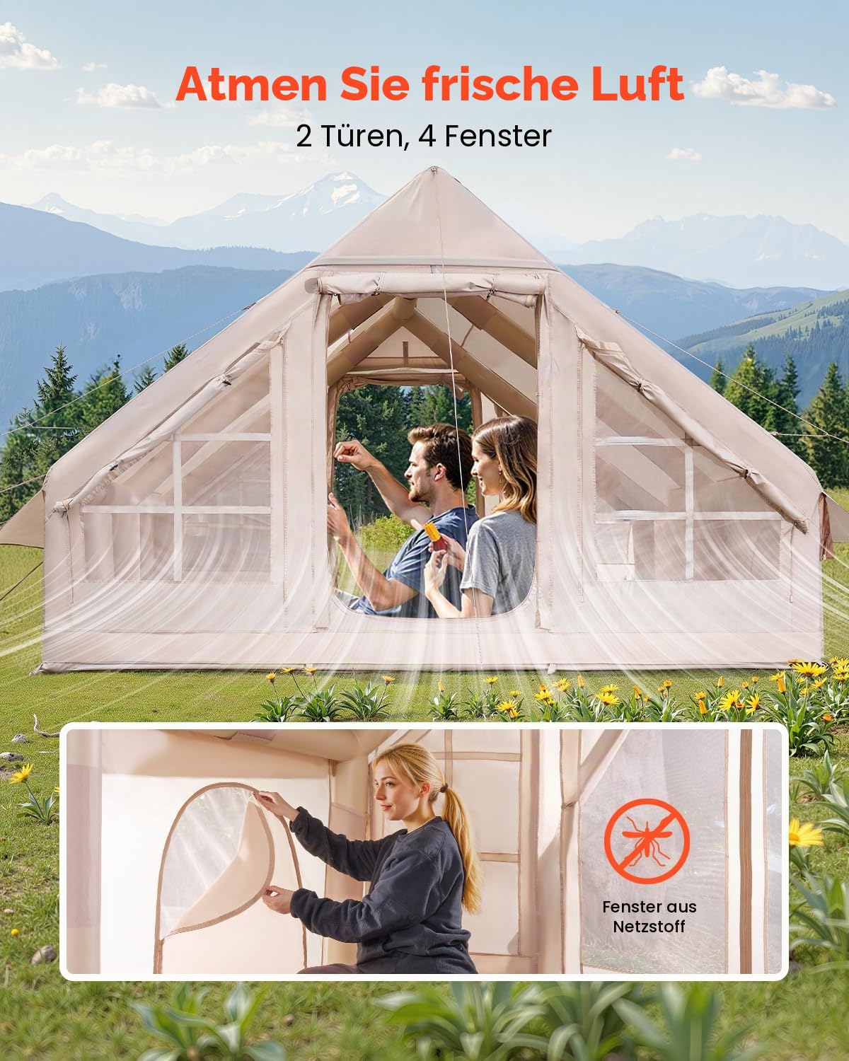 VEVOR Aufblasbare Zelte für Camping, einfach aufzubauen, aufblasbares Zelt mit Handpumpe, 4-Jahreszeiten-Glamping-Zelt mit Herdwagenheber, Türen und Netzfenstern, Aufbewahrungstasche für einfaches