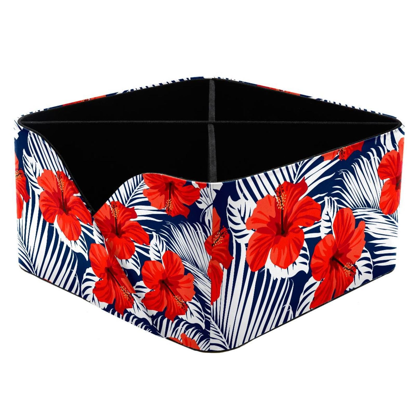 KengjuTesu Tropical Red Flowers Palm Leaves Pattern Desktop Organizer Pen Holder, Rectangular Pencil Cup for Office, Study and Makeup Stations