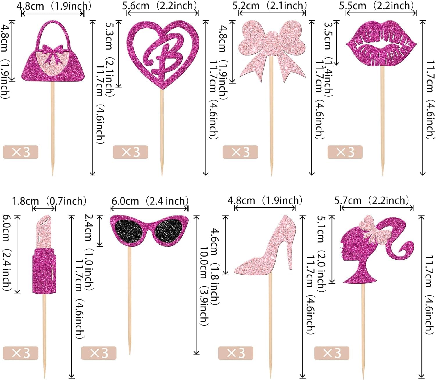 Confetti! 24 PCS Princess Cupcake Toppers Glitter Pink Girl Cupcake Picks Handbag Glasses Bow Lipstick Tie High Heel Cake Decorations for Wedding Bridal Shower Baby Shower Birthday Party Supplies