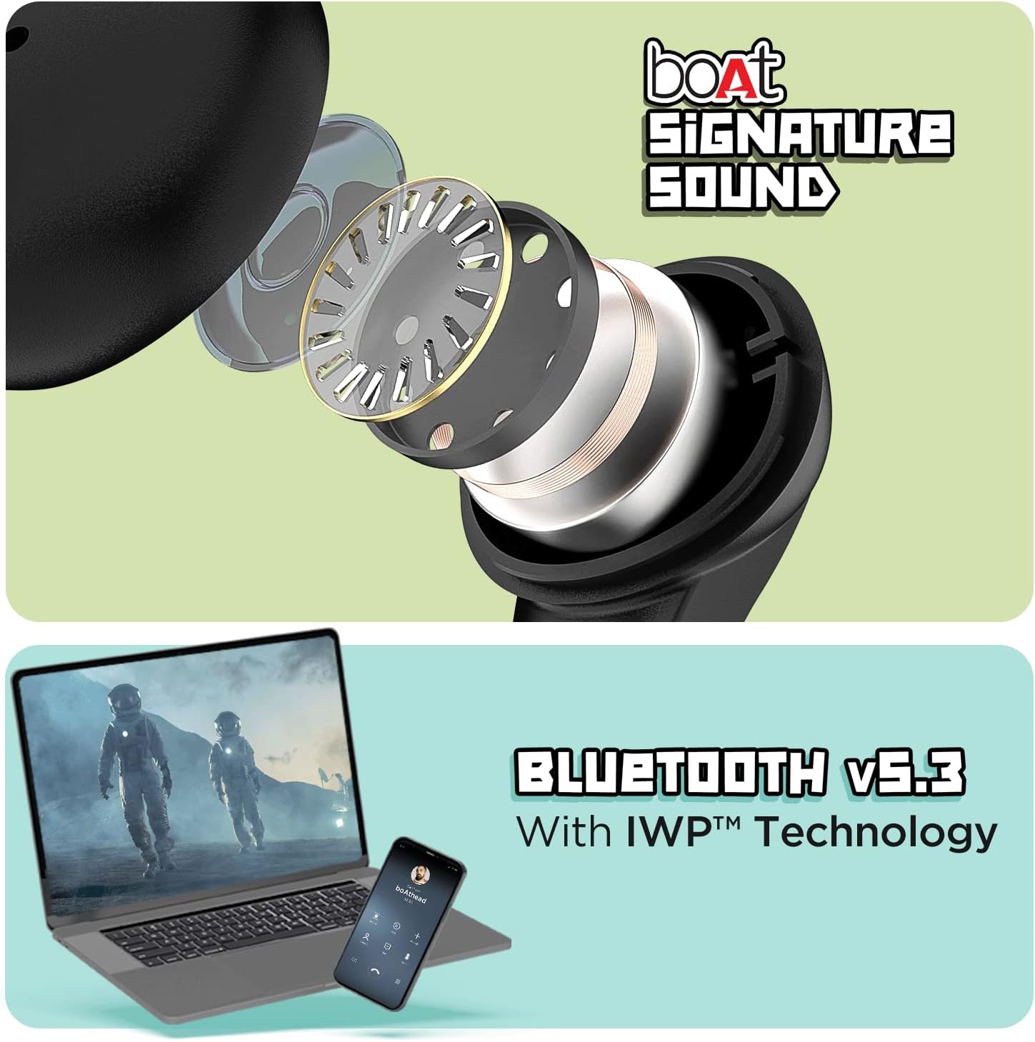 Top panel shows an exploded view of an earbud highlighting internal components for boAt Signature Sound. Bottom panel shows a laptop and phone, representing Bluetooth v5.3 with IWP Technology.