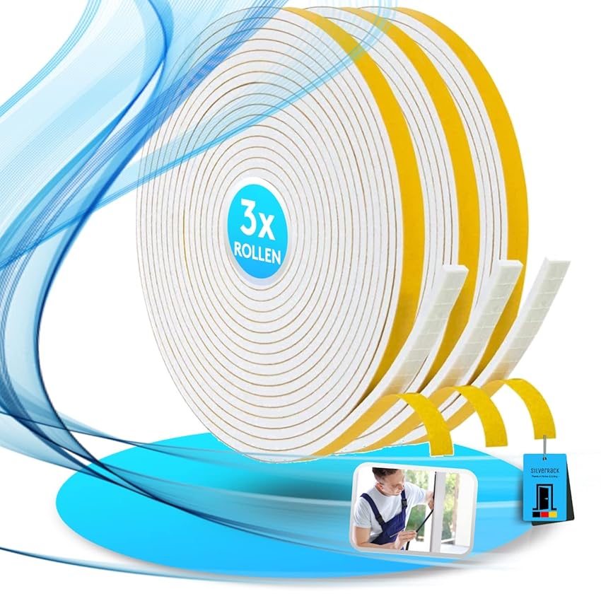 Immagine del prodotto SilverRack Guarnizione autoadesiva per porta, 15 m, colore bianco (6 mm x 3 mm) – Nastro in schiuma ritagliabile come guarnizione per porta finestra (3 rotoli da 5 m ciascuno) – Paraspifferi