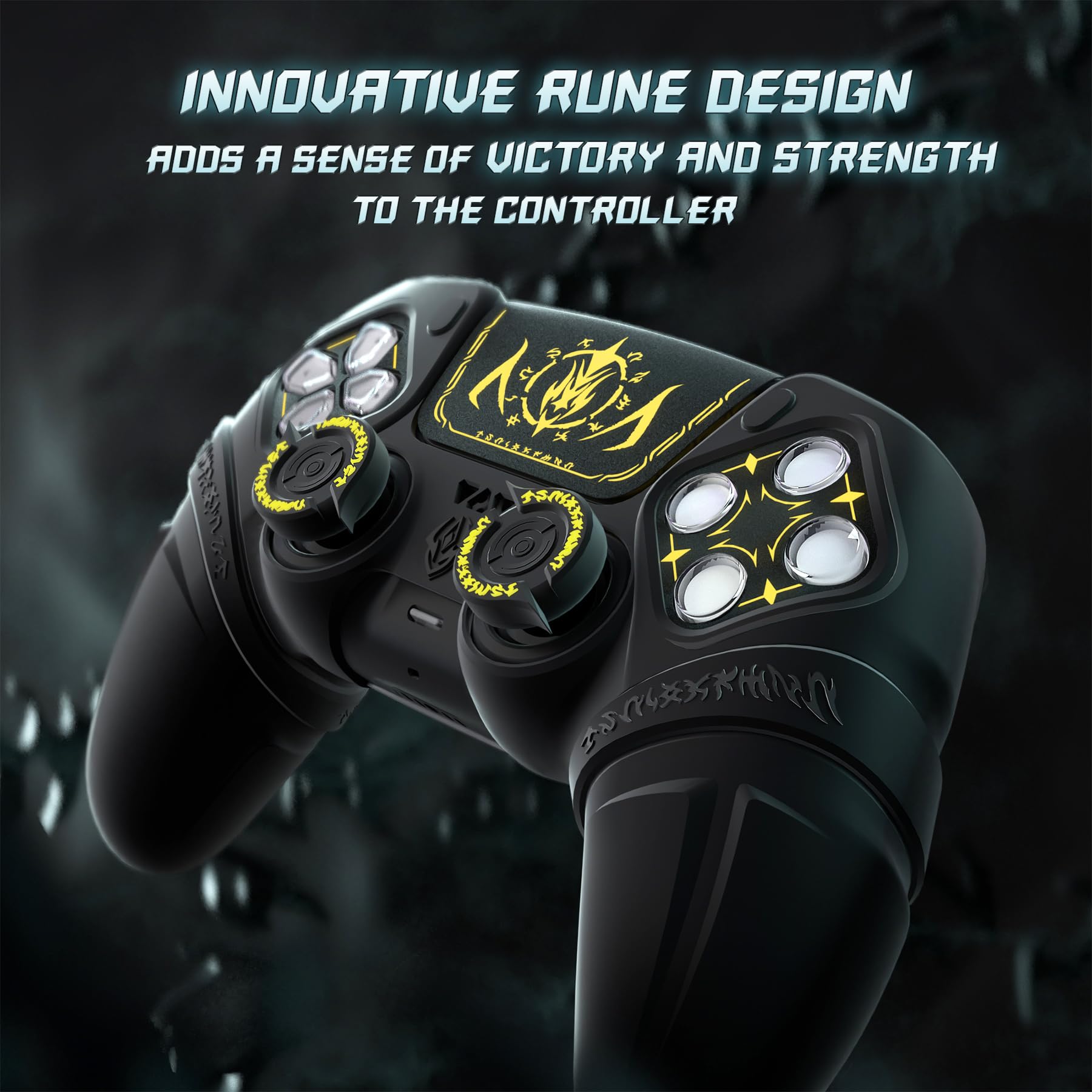 PlayVital Silikonowa Nakładka do ps5 Kontroler z Joystick Caps,Protective Case z Sticker Touchpad i Naklejka na Obszar D-pada kompatybilna ze ps5 Stacją Dokującą-Czarna(Runy Edycja)