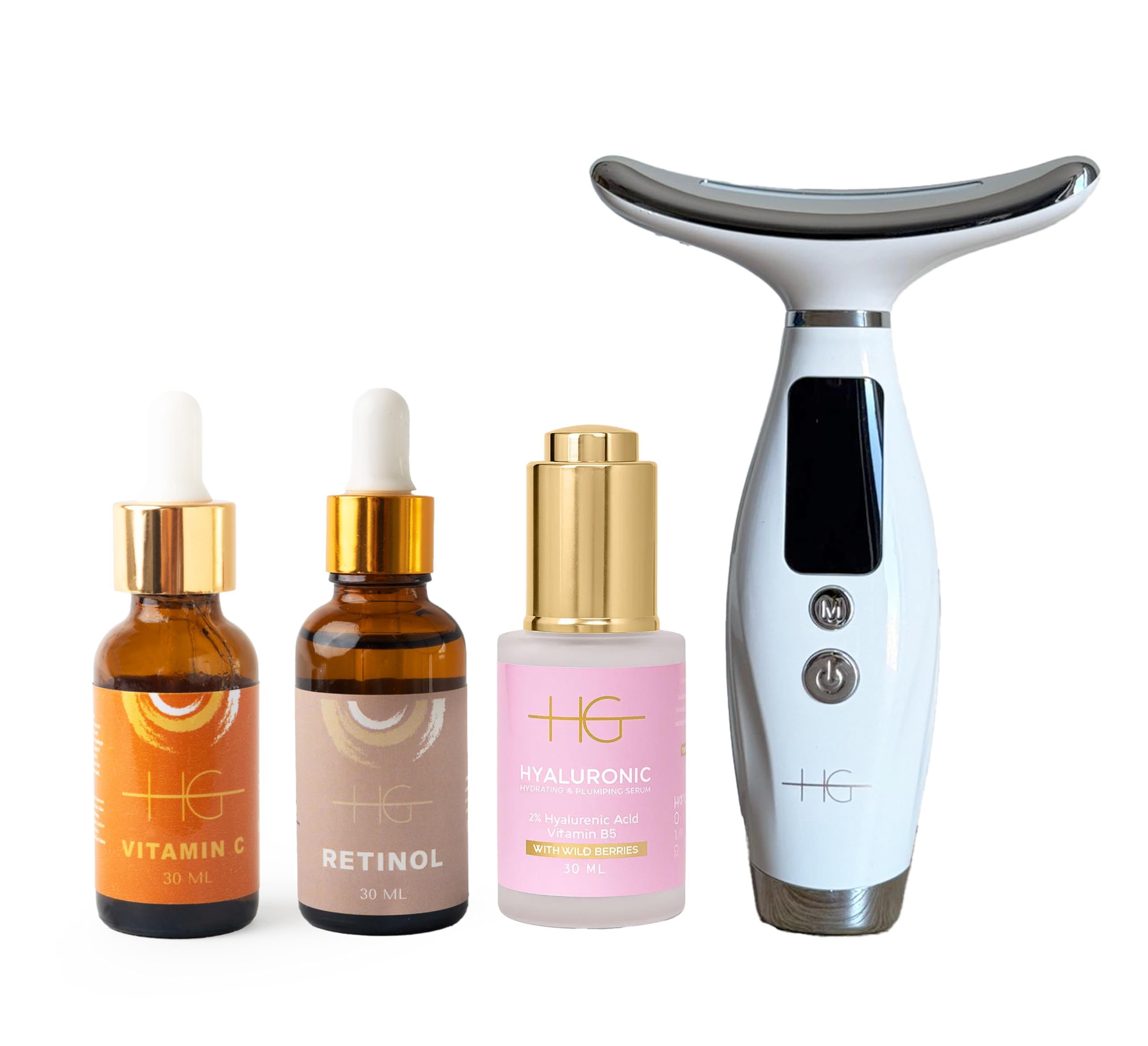 Zestaw do pielęgnacji skóry, serum z kwasem hialuronowym 30 ml, serum retinolowe 30 ml, witamina C rozjaśniające serum 30 ml i urządzenie kosmetyczne do szyi, nawilżające