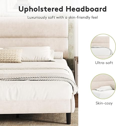 Miniatura 3 de Base de cama de plataforma tamaño Queen con cabecera de terciopelo, soporte de listones de madera de altura ajustable, base de colchón tapizada, se