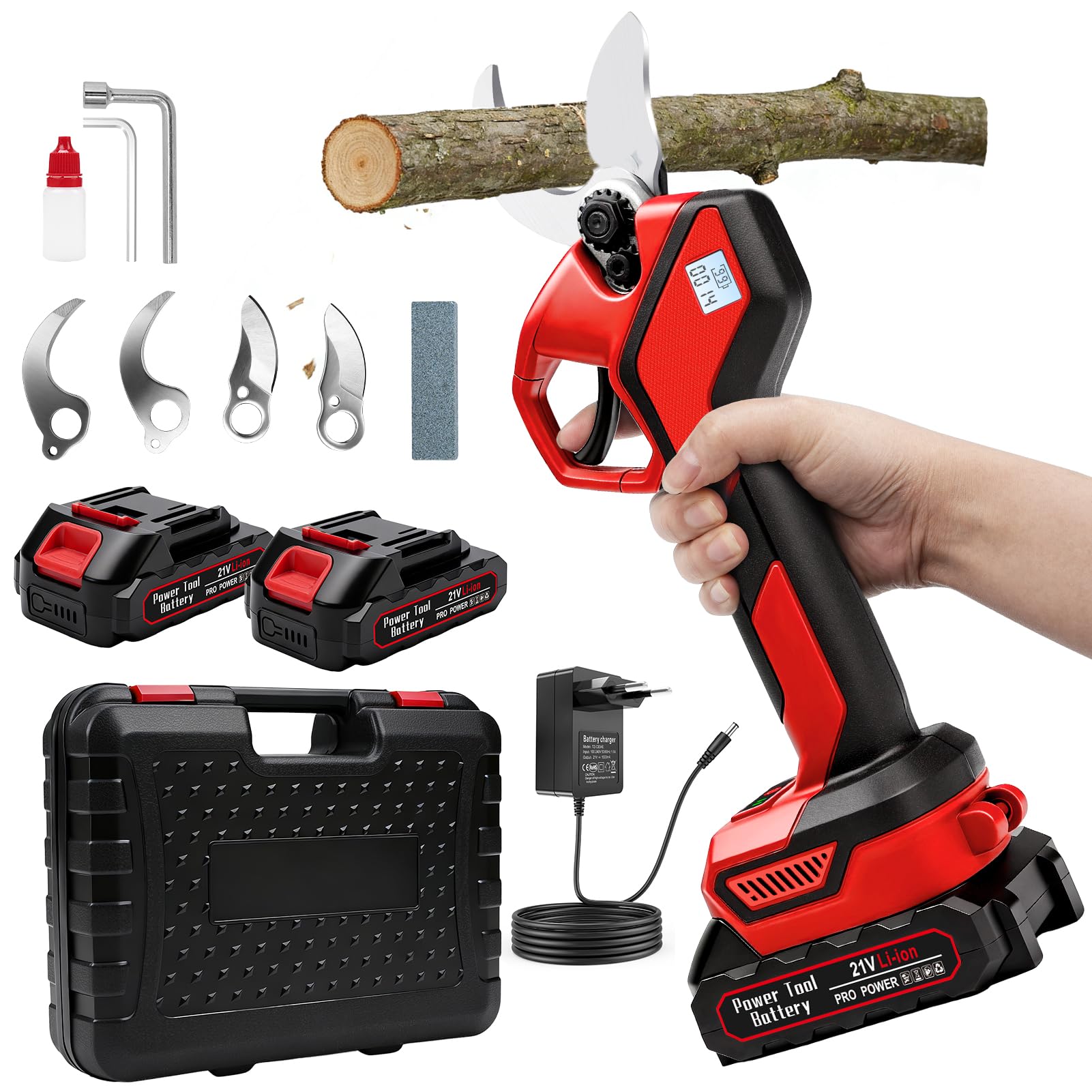 Sécateur électrique à batterie sans fil max 40 mm, brushless, avec 2 batteries de 2000 mAh, affichage LCD avec compteur de coupes, lames en acier SK5, pour jardins, branches, vergers, rouge