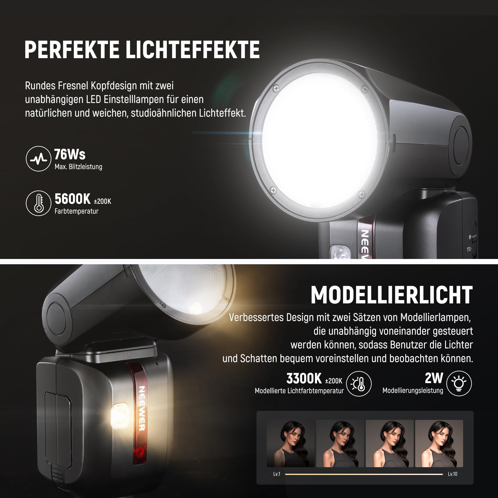 NEEWER Z2-S 2,4G TTL Flash Rundkopf Blitz Speedlite für Sony, 76W, Benutzeroberfläche, Modellierllampen, TTL/M Quick TCM Schalter, 1/8000s HSS, 2600mAh Akku, 480 volle Leistung Blitze, Reinigungstuch
