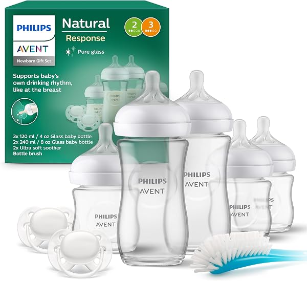 Philips Avent Kit biberons en verre Natural Response pour nouveau-né - 5 biberons, 2 sucettes Ultra Soft 0-6 mois, goupillon, sans BPA (modèle SCD879/11) - 1