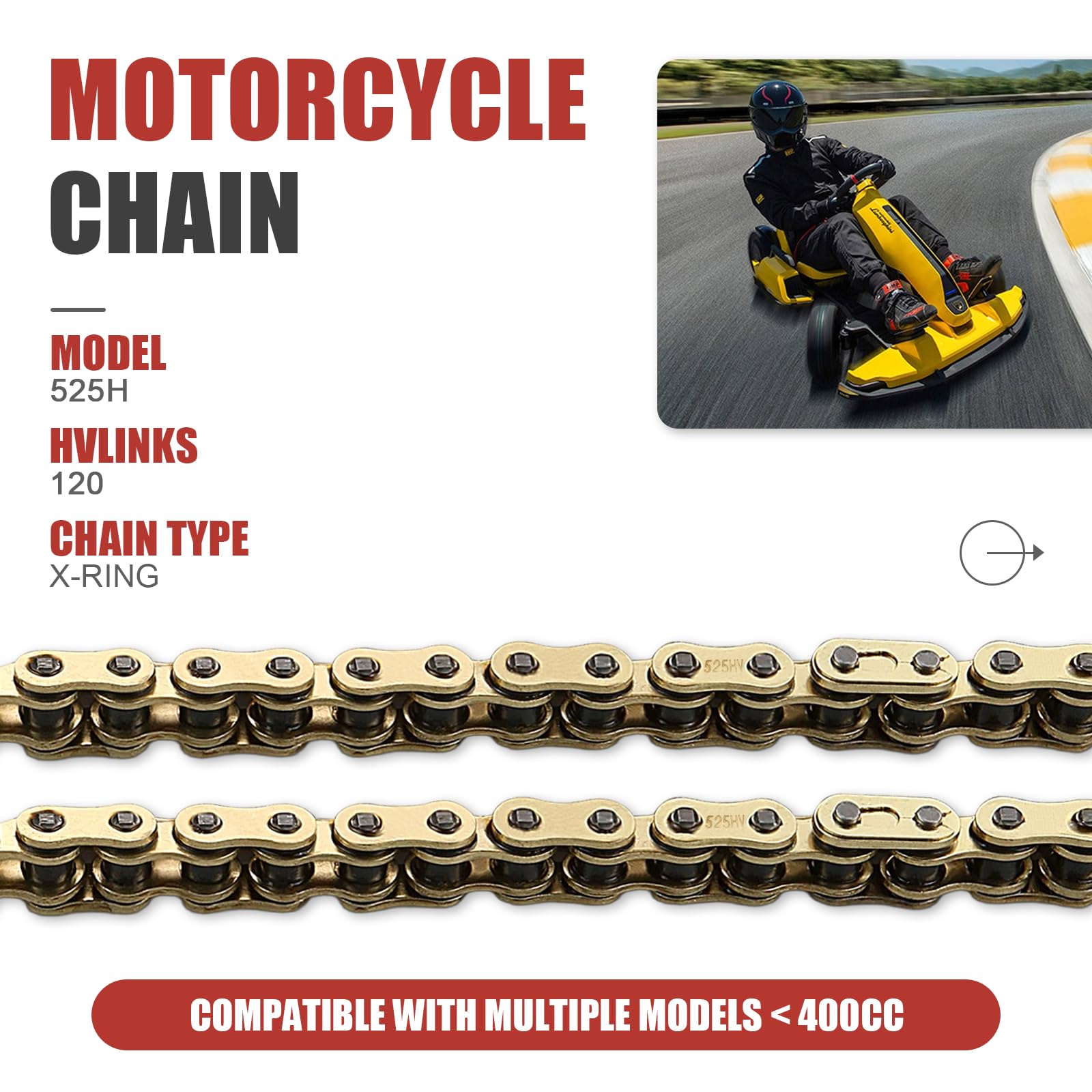 Catena 525 X-Ring per moto, 120 maglie con collegamento Master Link 525H, ad alte prestazioni, resistente, catena di trasmissione in oro per moto, bici, go-kart, mini bici da trail
