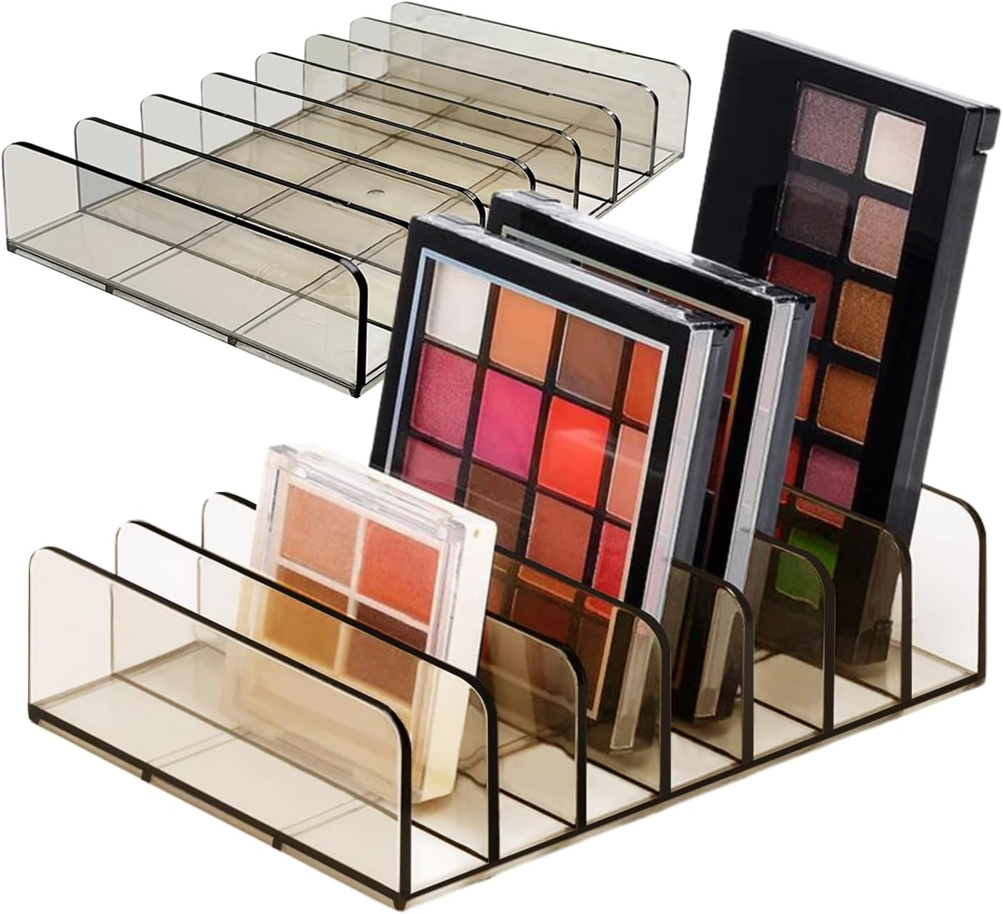 Makeup Palette Organizer2 Pack Acrylic Eyeshadow Palette Pallet,6.7x4.9x1.6 in 7 Sectons BPA-Free Make Up Blush,Contour Storage Holder Cosmetic Eye Shadow Display Stand Clear Rack Vanity Holder(Grey)