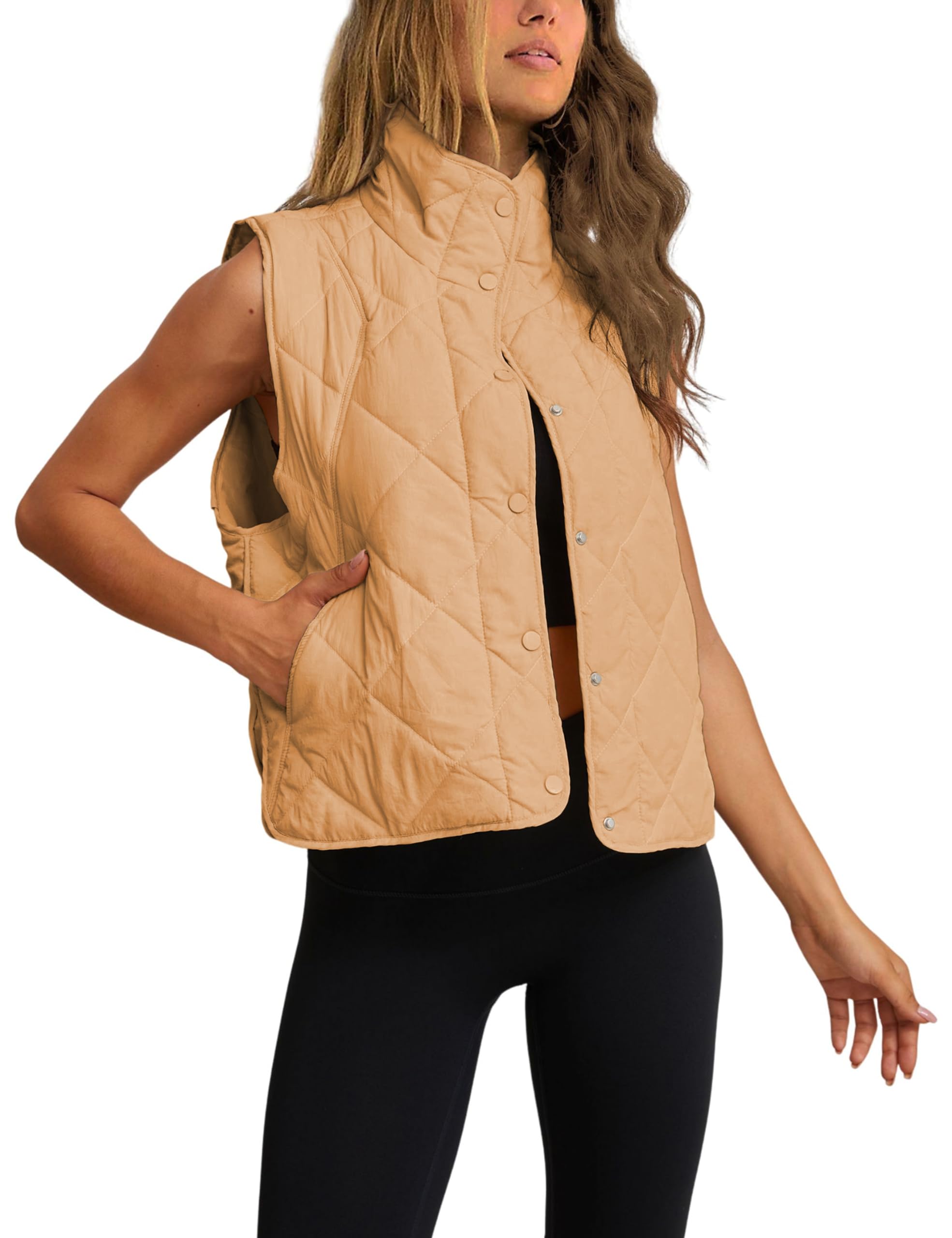 Women's Quilted Puffer Vest Stand Collar Lightweight Button Down Padded Gilet with Pockets-image-27