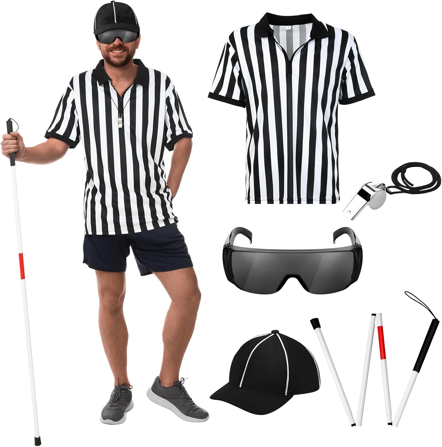 6 Pcs Men's Referee Shirt Blind Referee Costume Kit Folding Blind Cane Ref Hat Glasses Whistle