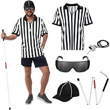6 Pcs Blind Referee Costume Kit Football Striped Shirt Cane