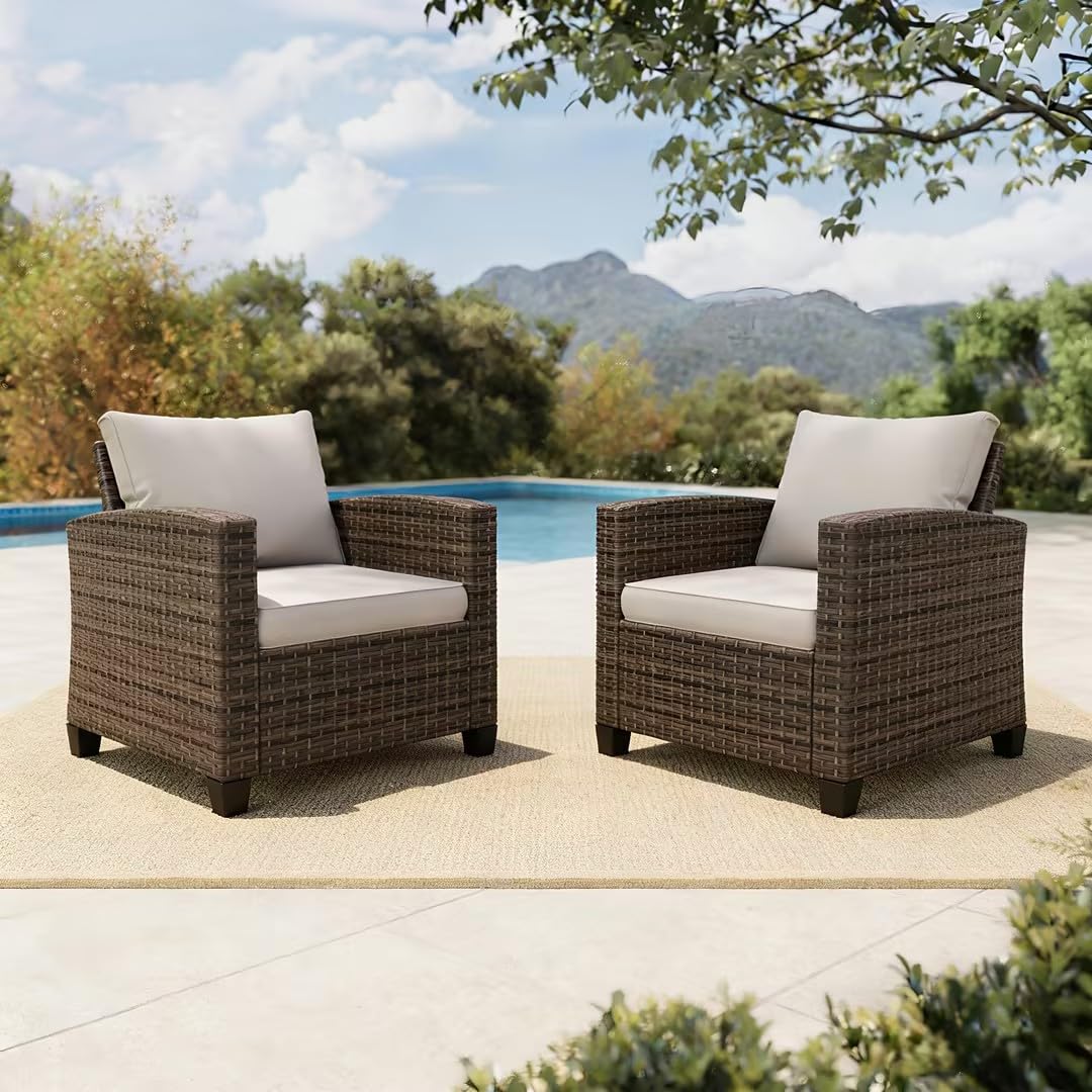 HERA'S HOUSE Patio Wicker Chairs, Outdoor Rattan Chairs Set of 2, Wicker Patio Conversation Furniture Sets with 4" Thick Cushions for Lawn Deck Porch