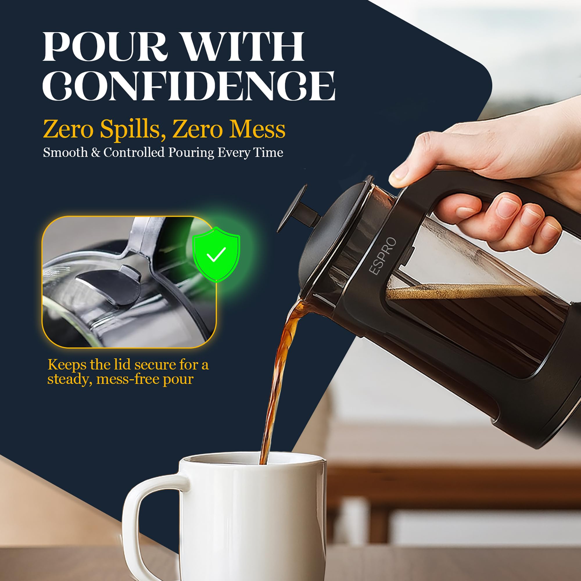ESPRO P3 Cafetera de Embolo de Cristal, 530 ml, Negro | Cristal de borosilicato, doble microfiltro patentado, cafe sin posos, apta lavavajillas