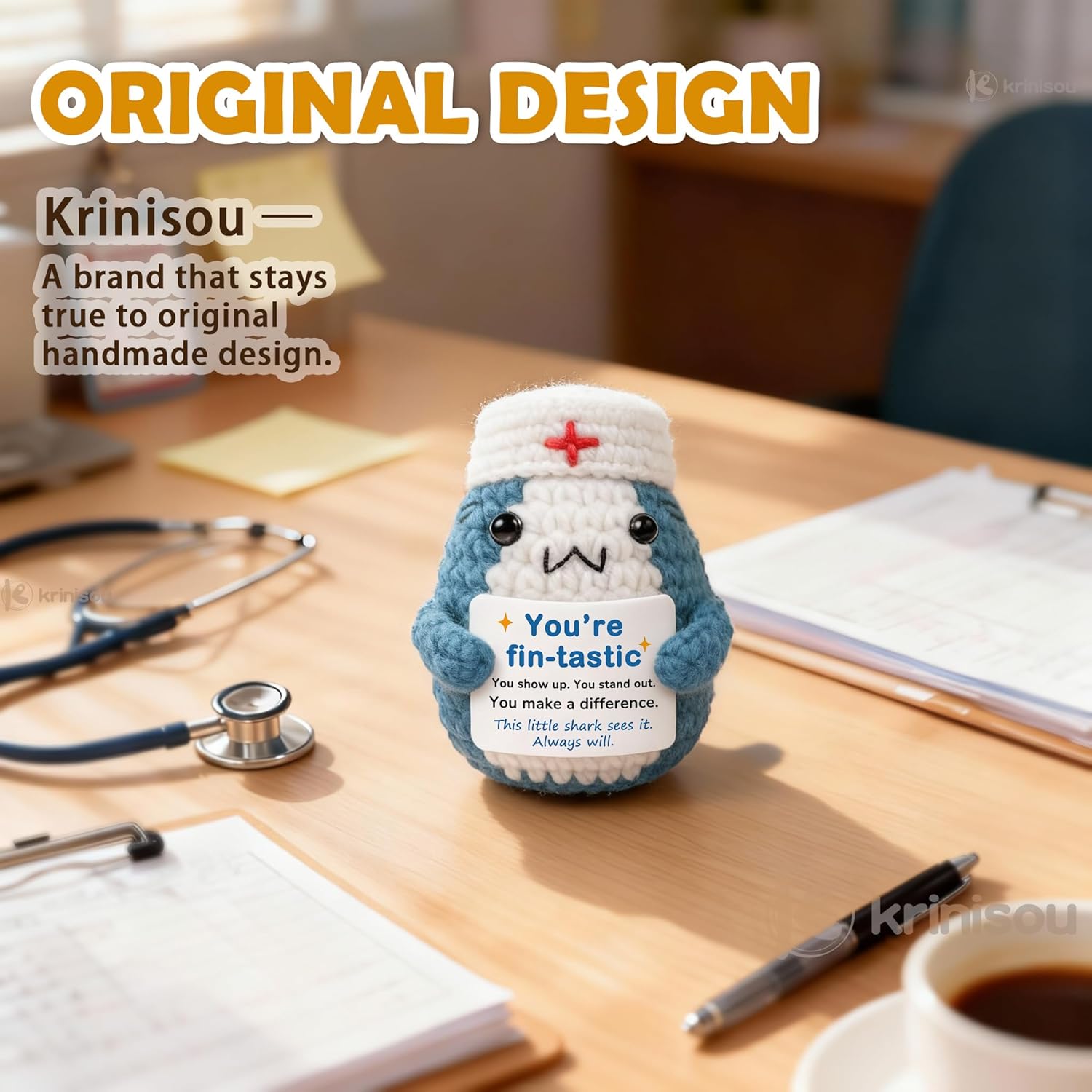 Nurse Appreciation Gift – Small Plush for Nursing Student Graduation, Preceptor & Nurse Practitioner Thank You Gift for Women, Cute Crochet Shark with Removable Hat - Image 2