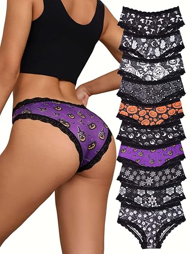 Morvia 10pcs Women's Gothic Contrast Lace Halloween Skull & Rose Print Hipster Panties Assorted Styles - Large - Multicolor 3