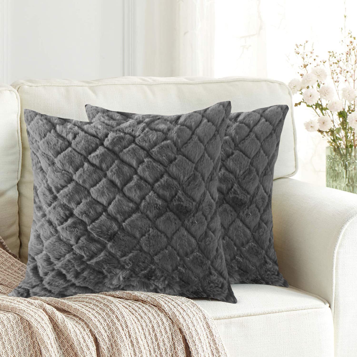 Luxe Home Cushion Cover 16 inch x 16 inch Duble Side Rabbit Fur Diamond Design Covers Set of 2 for Sofa, Bedroom, livingroom (Grey) (B09JWS8N9T) Amazon Price History, Amazon Price Tracker