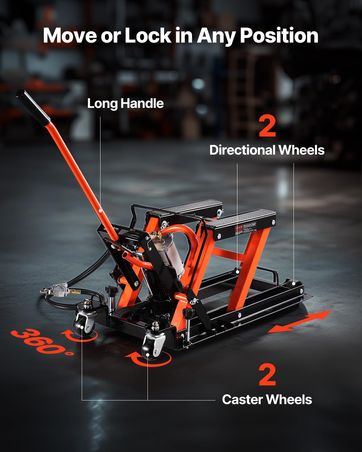 VEVOR Podnośnik motocyklowy, nośność 680 kg, hydrauliczny i pneumatyczny podnośnik motocyklowy, zakres wysokości 10–38 cm, wytrzymały stojak naprawczy do roweru ze zdejmowaną rampą z 2 kółkami do