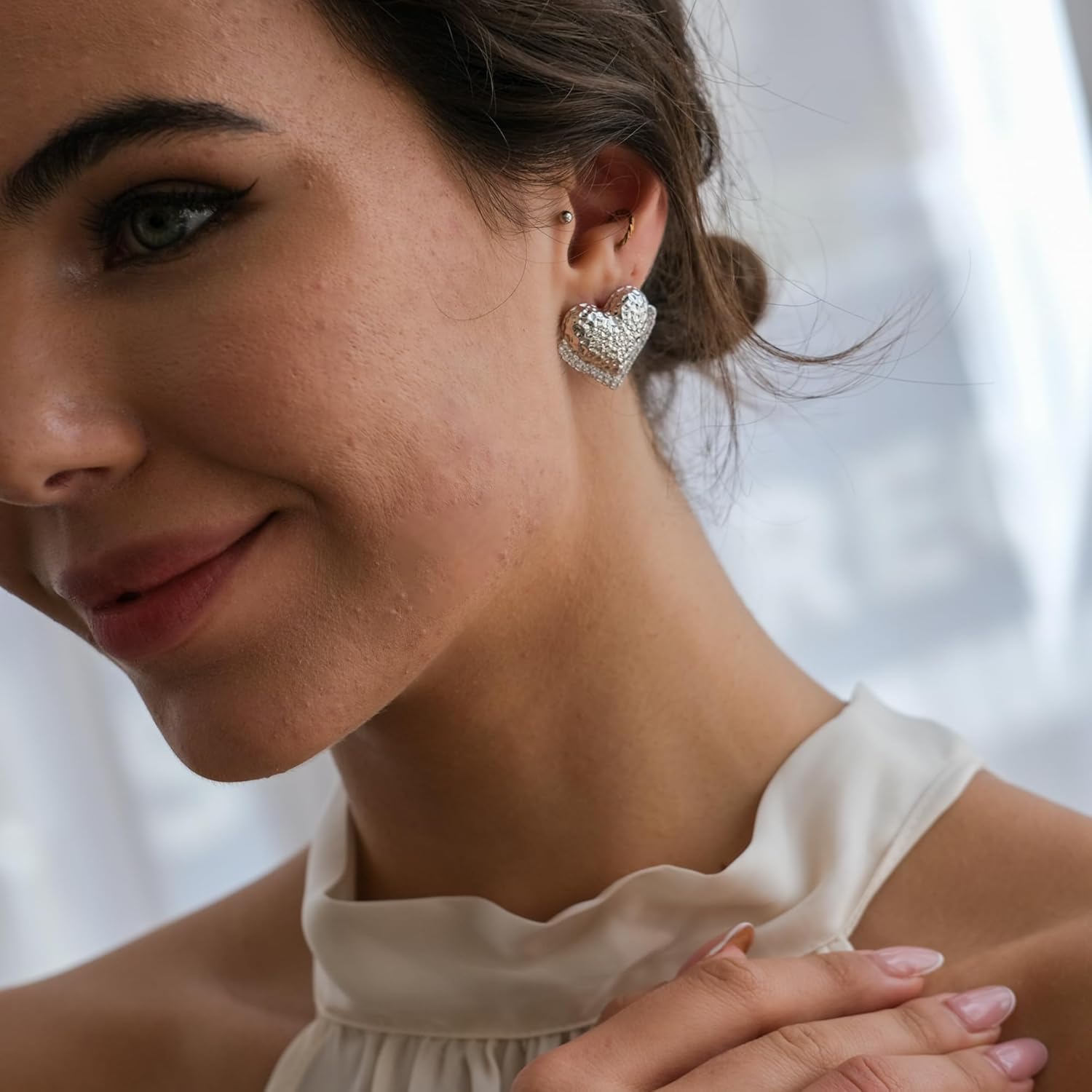 Puffy Heart Drop Earrings | Hammered Effect Textured Heart Stud Earrings with Crystals | 18K Gold Chunky Bold Statement Earrings for Women - Image 4