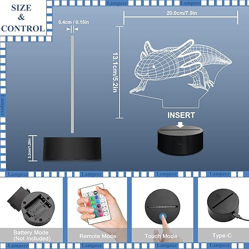 Miniatura 8 de Lampeez Axolotl Gifts - Lámpara de ajolote 3D con luz nocturna, lámpara de ilusión 3D para niños, 16 colores cambiantes con control remoto,