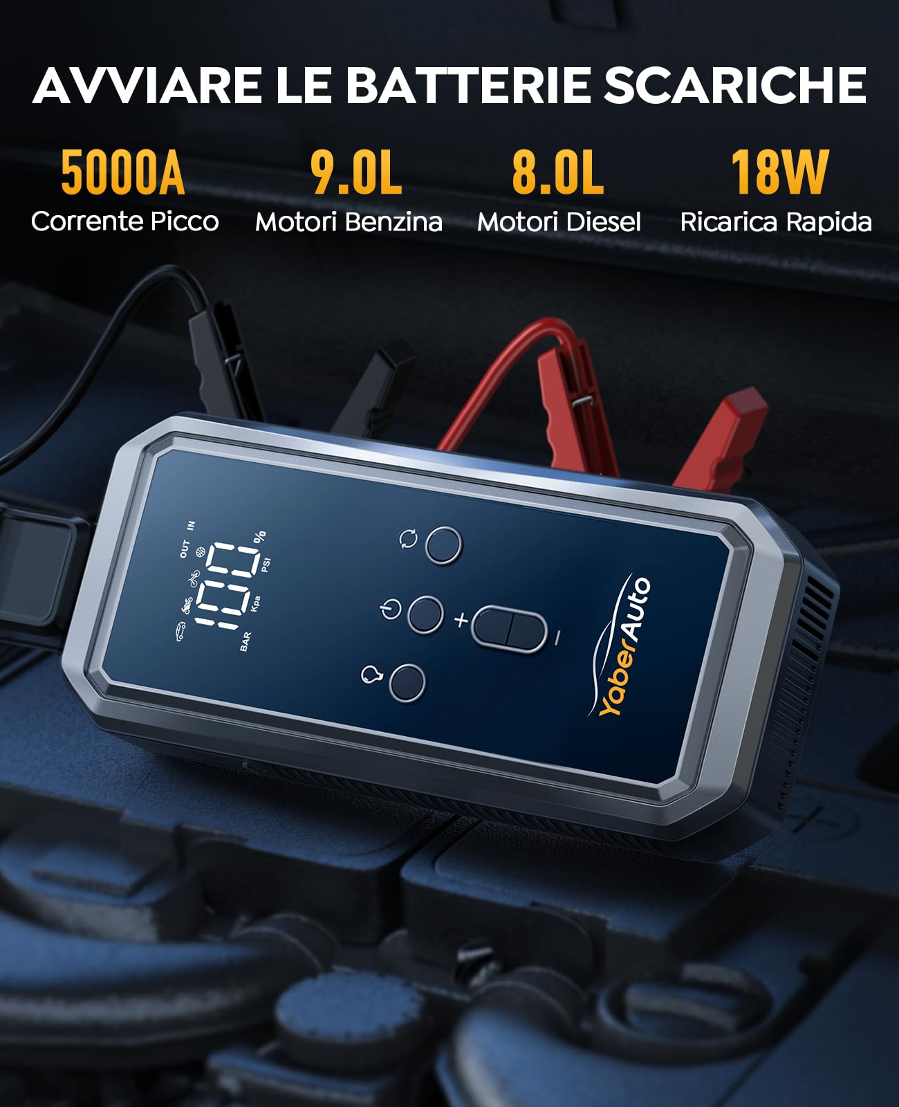 Avviatore Emergenza per Auto con Compressore 150PSI 5000A 21800mAh, YaberAuto Booster Avviamento Auto/Moto per 9.0L Gas/8.0L Diesel, 12V Starter Batteria con Ricarica Rapida 18W,Uscita DC 160W,Torcia