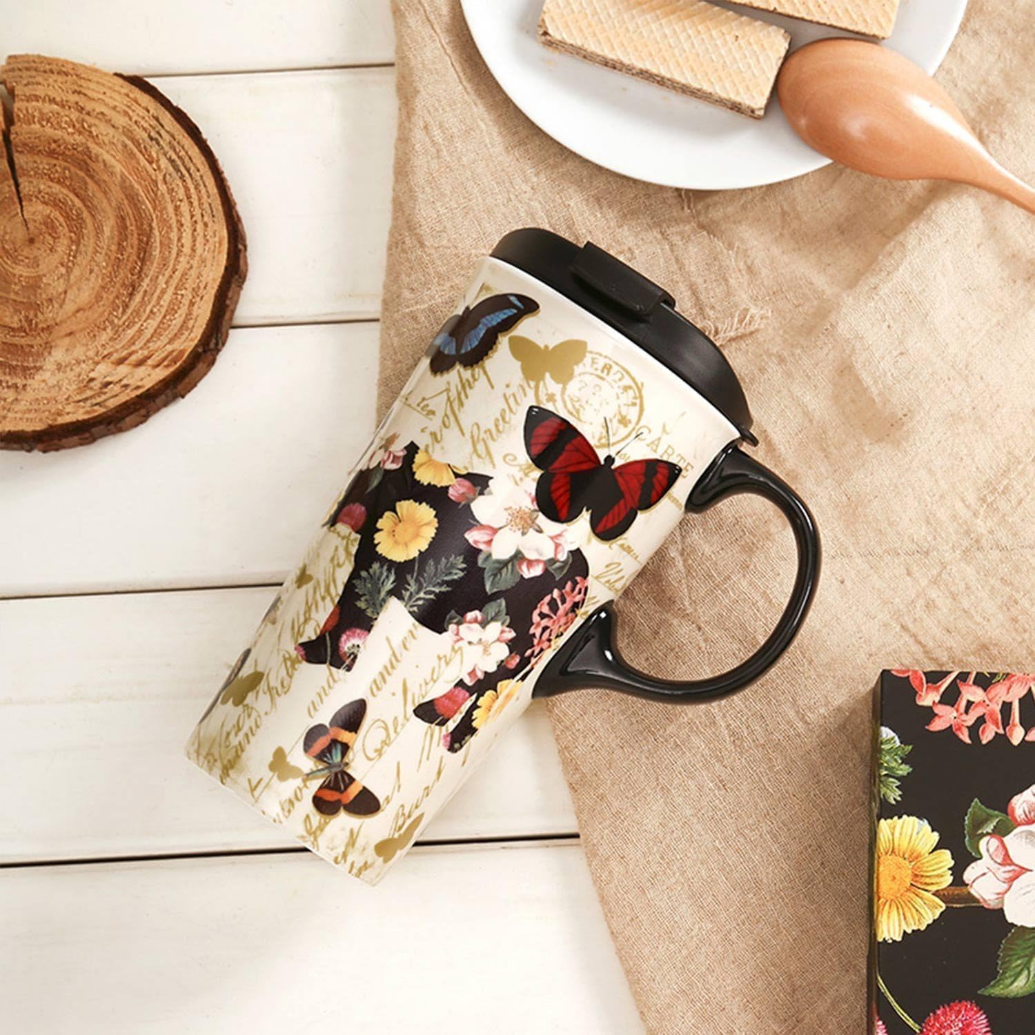 Topadorn 17oz Ceramic Travel Coffee Mug with Sealed Lid & Color Box, Microwave & Dishwasher Safe, Holiday Gift Her Him, Flower & Butterfly - Image 2