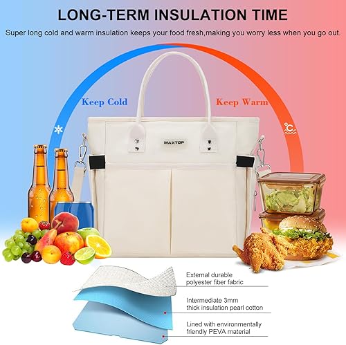Miniatura 3 de MAXTOP Bolsa de almuerzo térmica para mujer, bolsa de almuerzo grande con correa ajustable para el hombro, 4 bolsillos exteriores para oficina,