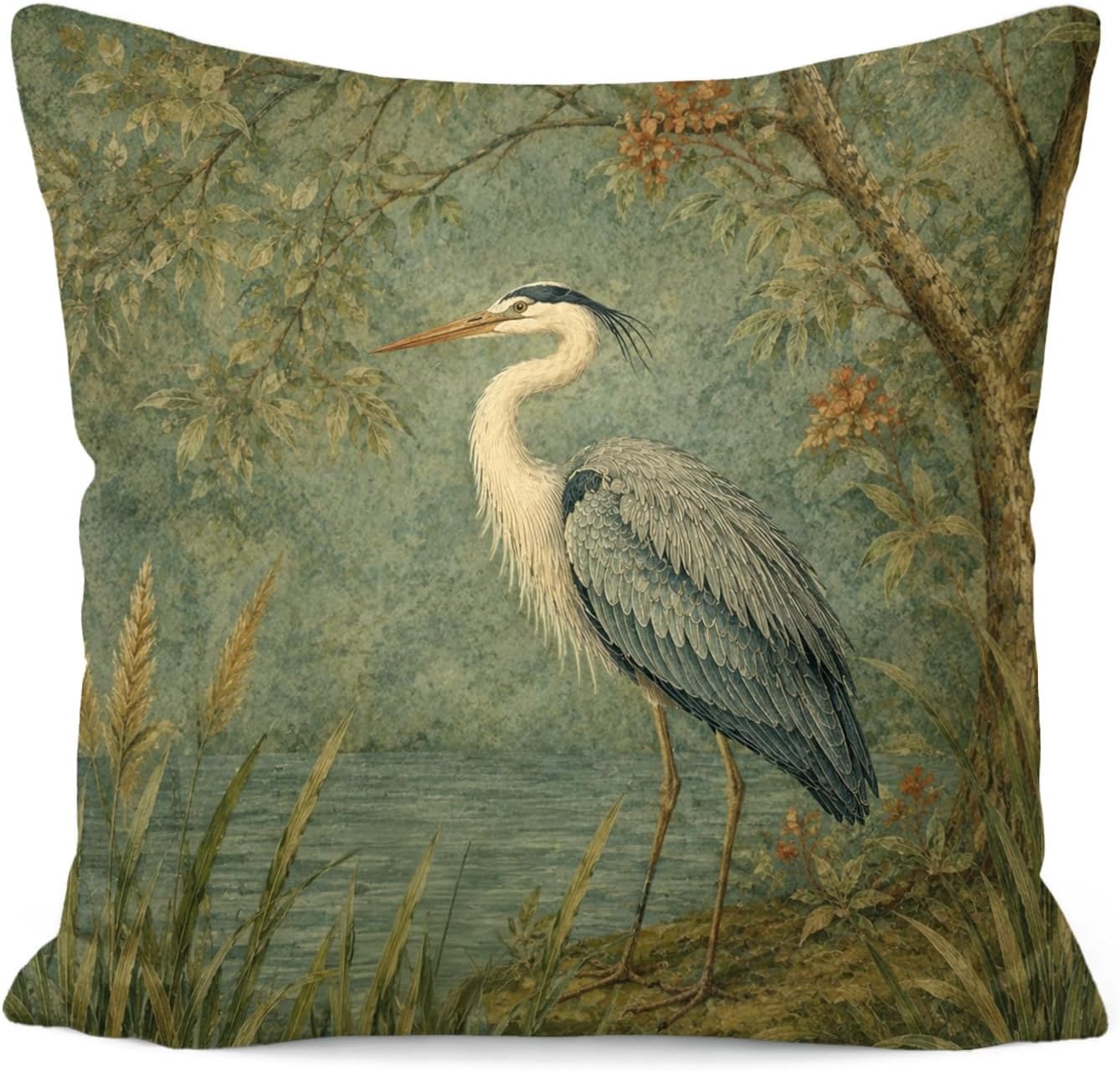Vintage Blue Heron Bird Botanical Pillow Cover 18x18