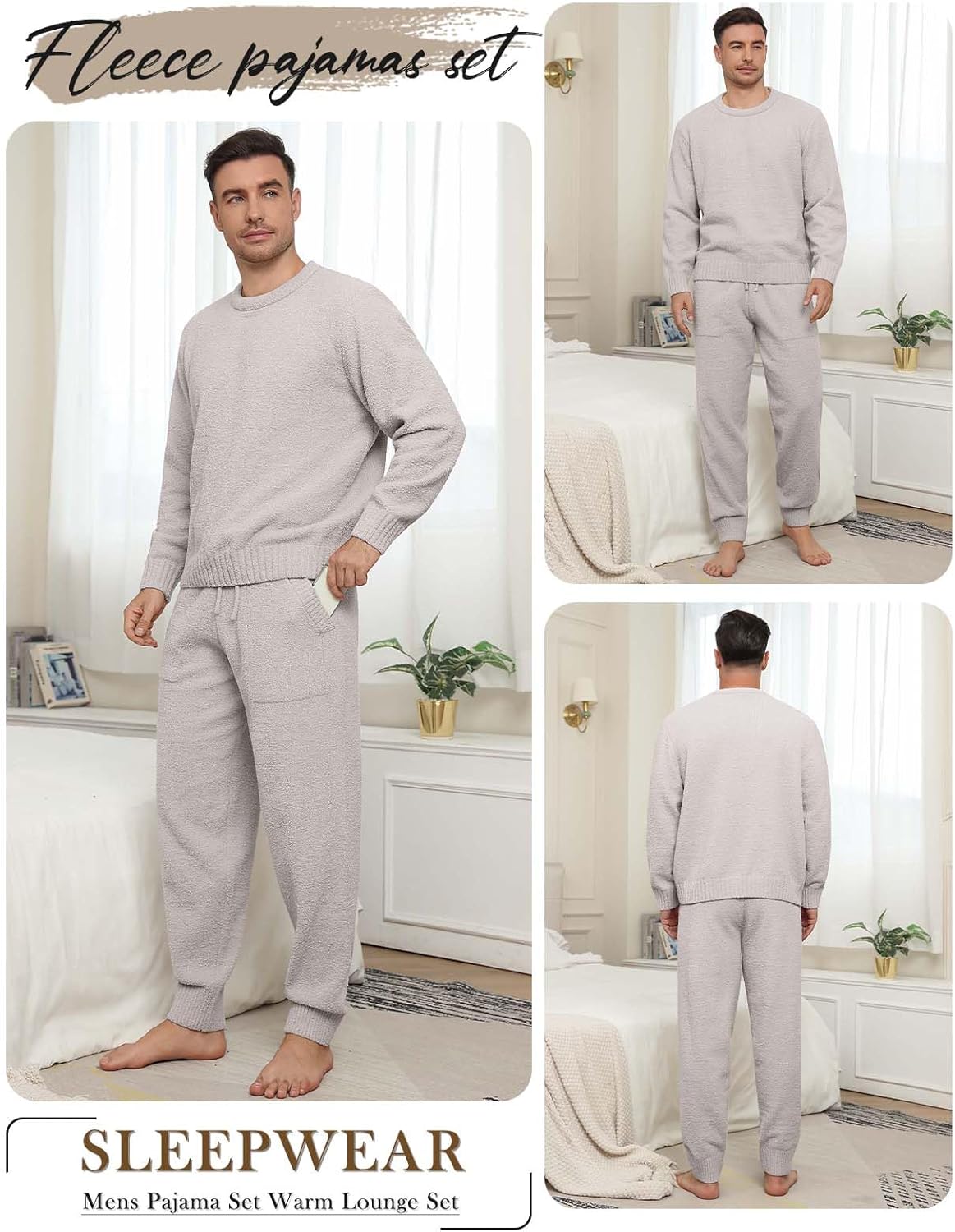 Mens Winter Pajamas Set Soft Warm Round Collar Long Sleeve Sleepwear Comfy Loungewear Pjs with Pockets - Image 4