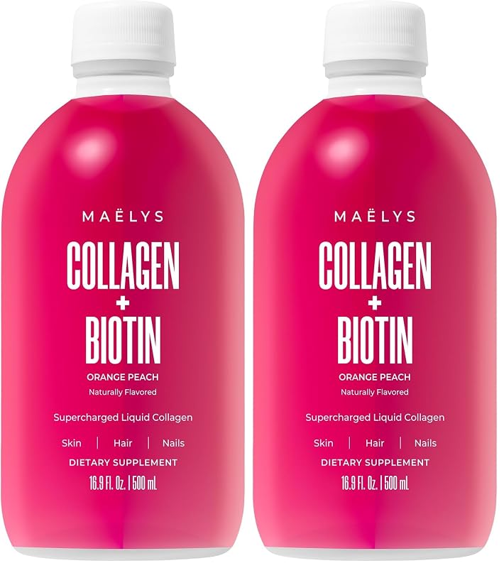 MAËLYS Suplemento de Colágeno Líquido com Peptídeos de Colágeno e Biotina, Sabor Laranja-Pêssego, 2 frascos de 499,73 mL