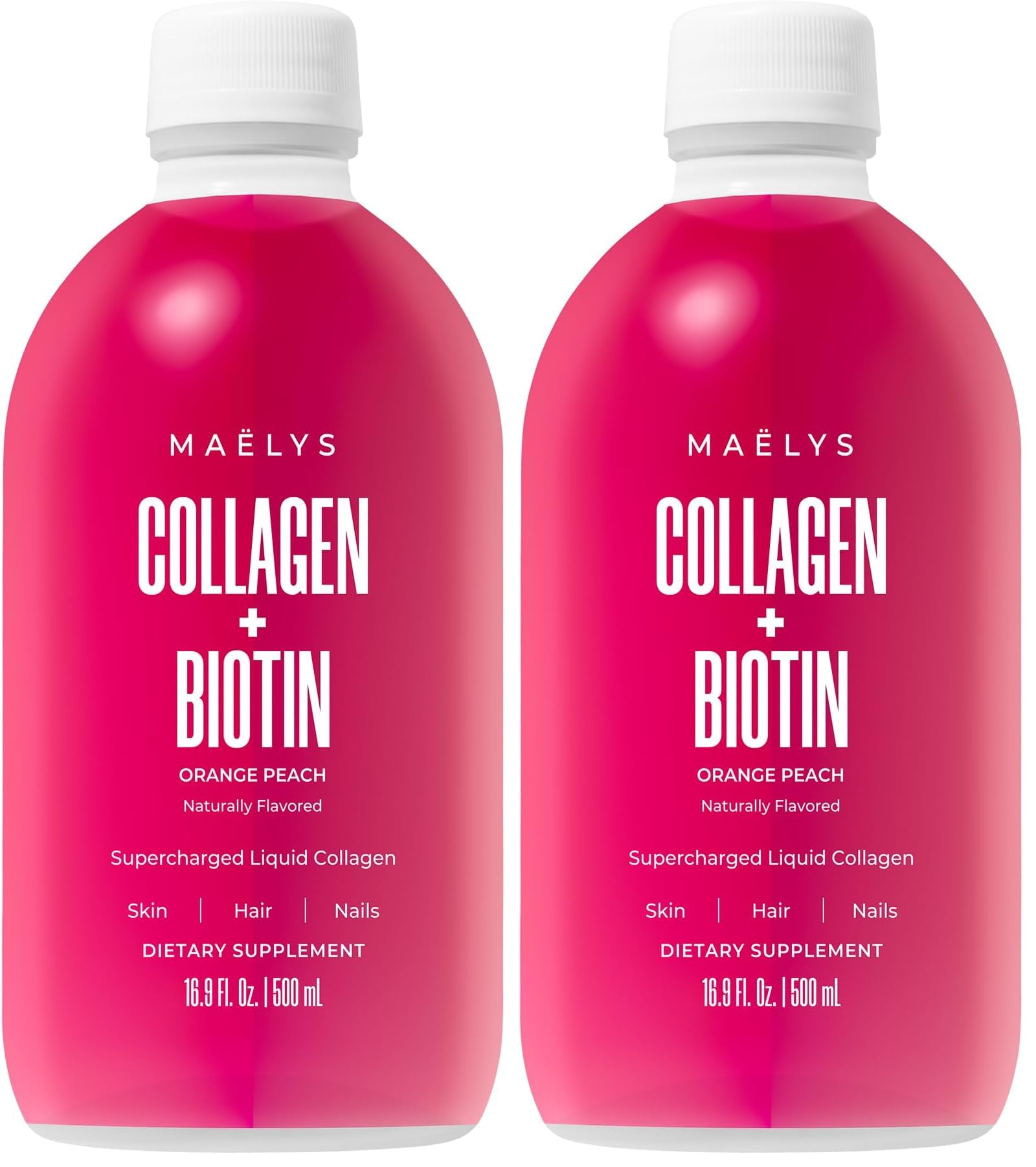 MAËLYS Super Charged Liquid Collagen for Women - Collagen Peptides Supplement with Biotin for Hair, Skin and Nails - Orange Peach (Pack of 2) Orange-Peach 16.9 Fl Oz (Pack of 2)