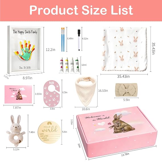 Baby Gift Set Gender Reveal Gifts Designed for New Parents, Includes Swaddle Blanket, Bunny Rattle, Bib, Headband, Wooden Birth Sign, Family Handprint Kit, Greeting Card & Closet Dividers