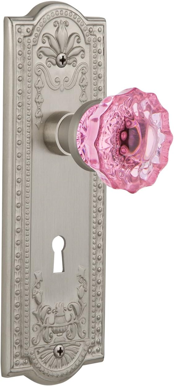 Nostalgic Warehouse 723841 Meadows Plate with Keyhole Double Dummy Crystal Pink Glass Door Knob in Satin Nickel