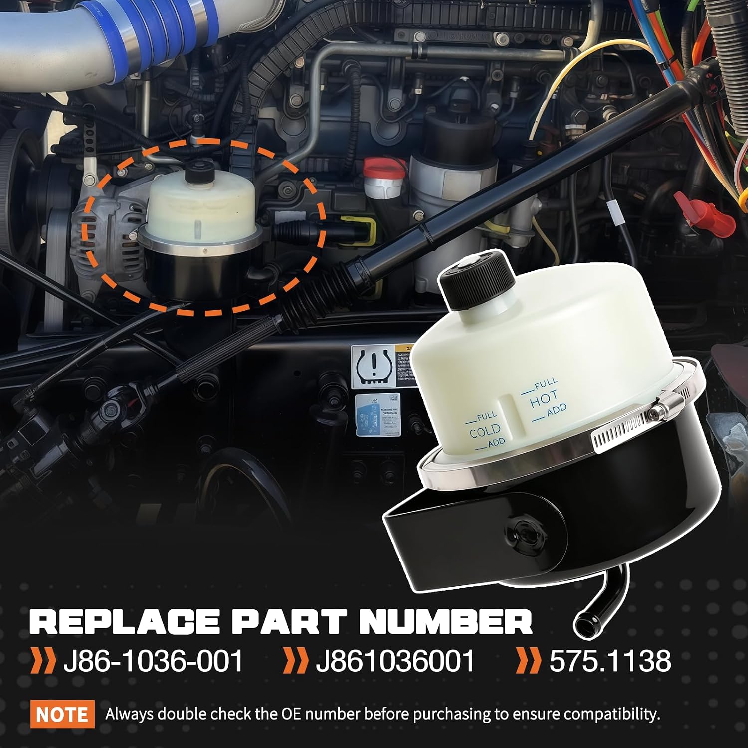Power Steering Fluid Reservoir Tank with Cap Filter Fit for Peterbilt 379 386 387 389 567 579 587 Fit for Kenworth T660 T680 T800 W900 Trucks Replaces J86-1036-001 J861036001 575.1138