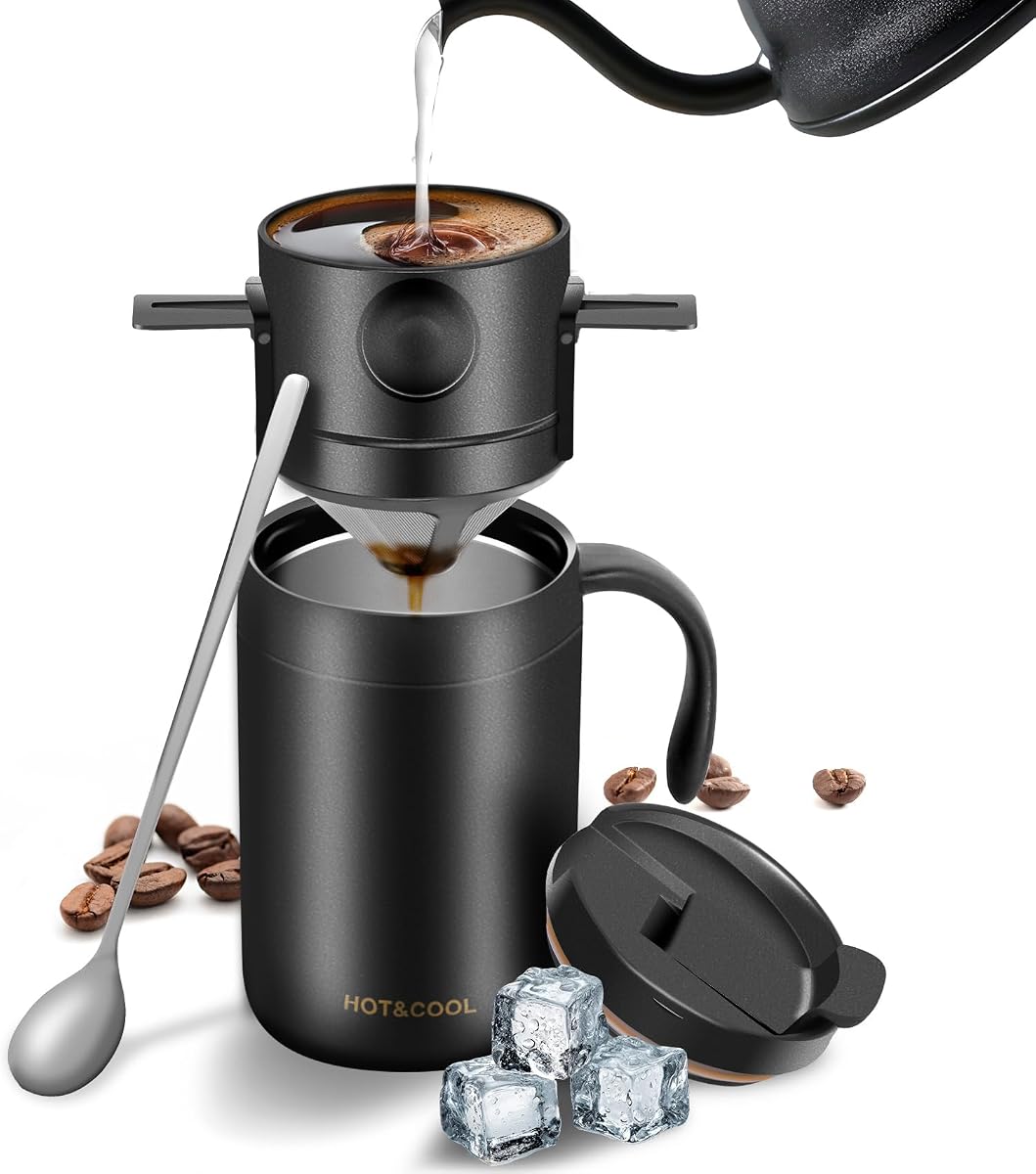 MACIFECI Cafetera para acampar de 16 onzas, cafetera para acampar, cafetera portátil para viajes, campamentos, oficinas, mochileros al aire libre (negro)