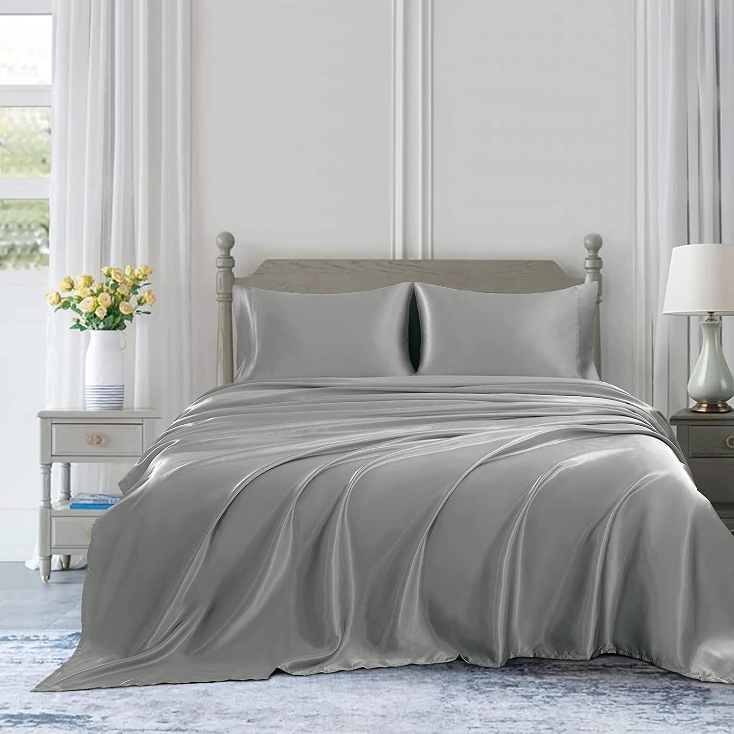 Drap Plat En Satin Noir King Size (274x259 Cm) - Luxe, Doux, Infroissable - Pour Lit Grande Taille