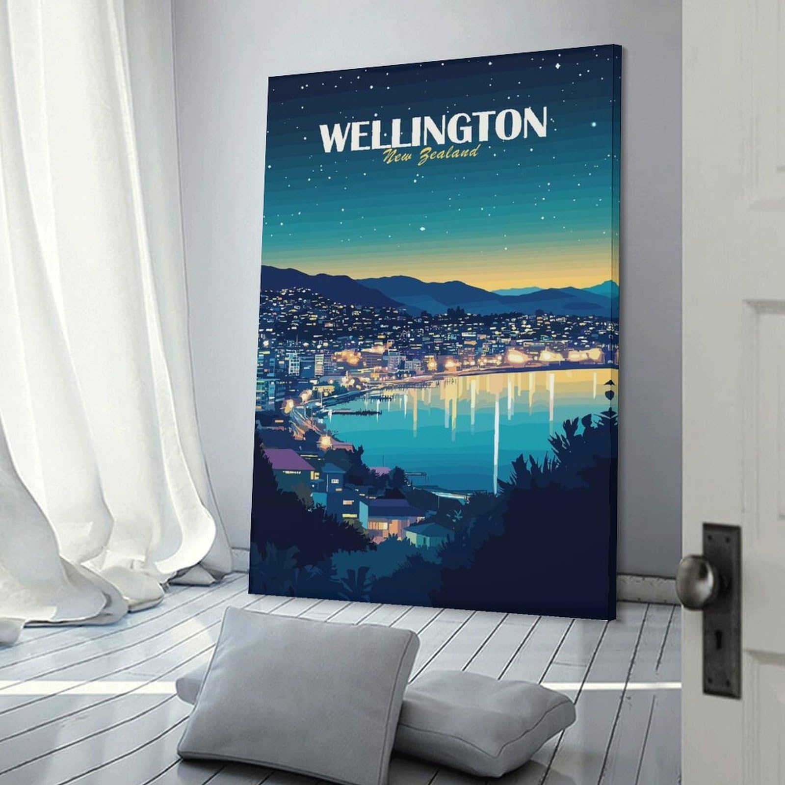 Junmoney Wall Picture Print Wellington New Zealand Cityscape at Night, 20x30inch(50x75cm), for Entrance Walls, Hall Decor Or Foyers, A Neat Decor Update for Hallways