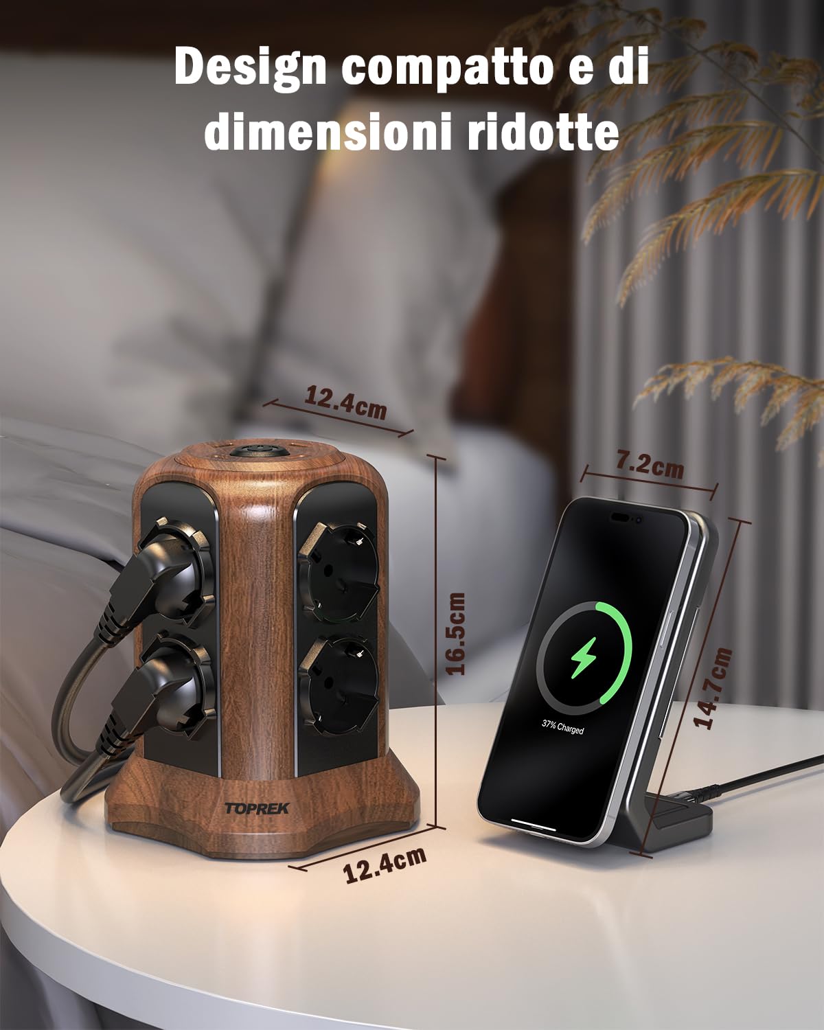 TOPREK Multiprise Verticale Couleur Bois Marron avec 8 Prises Schuko universelles ITA 10/16A et 2 USB C (Charge Rapide PD3.0 20W) 2 USB A, multiprise électrique 2M avec Interrupteur, Prise coudée 90°