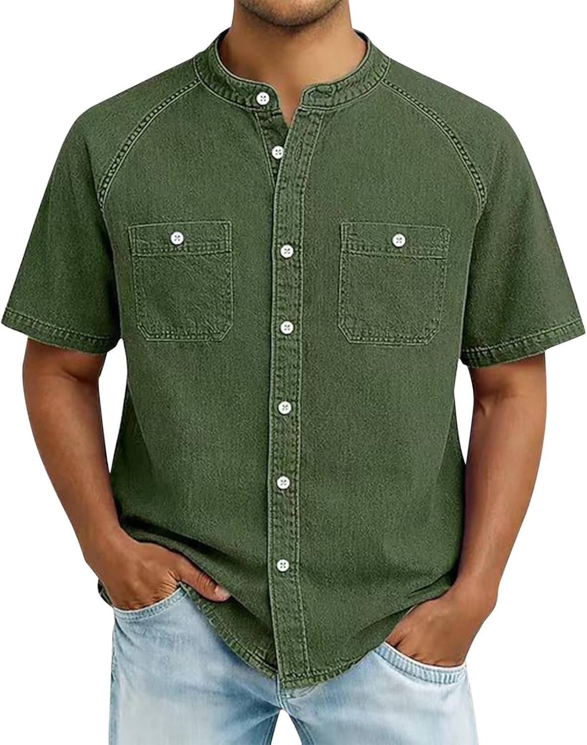 Men Vintage Short Sleeve Denim Shirt,Henley Neck Chest Pocket Work Top
