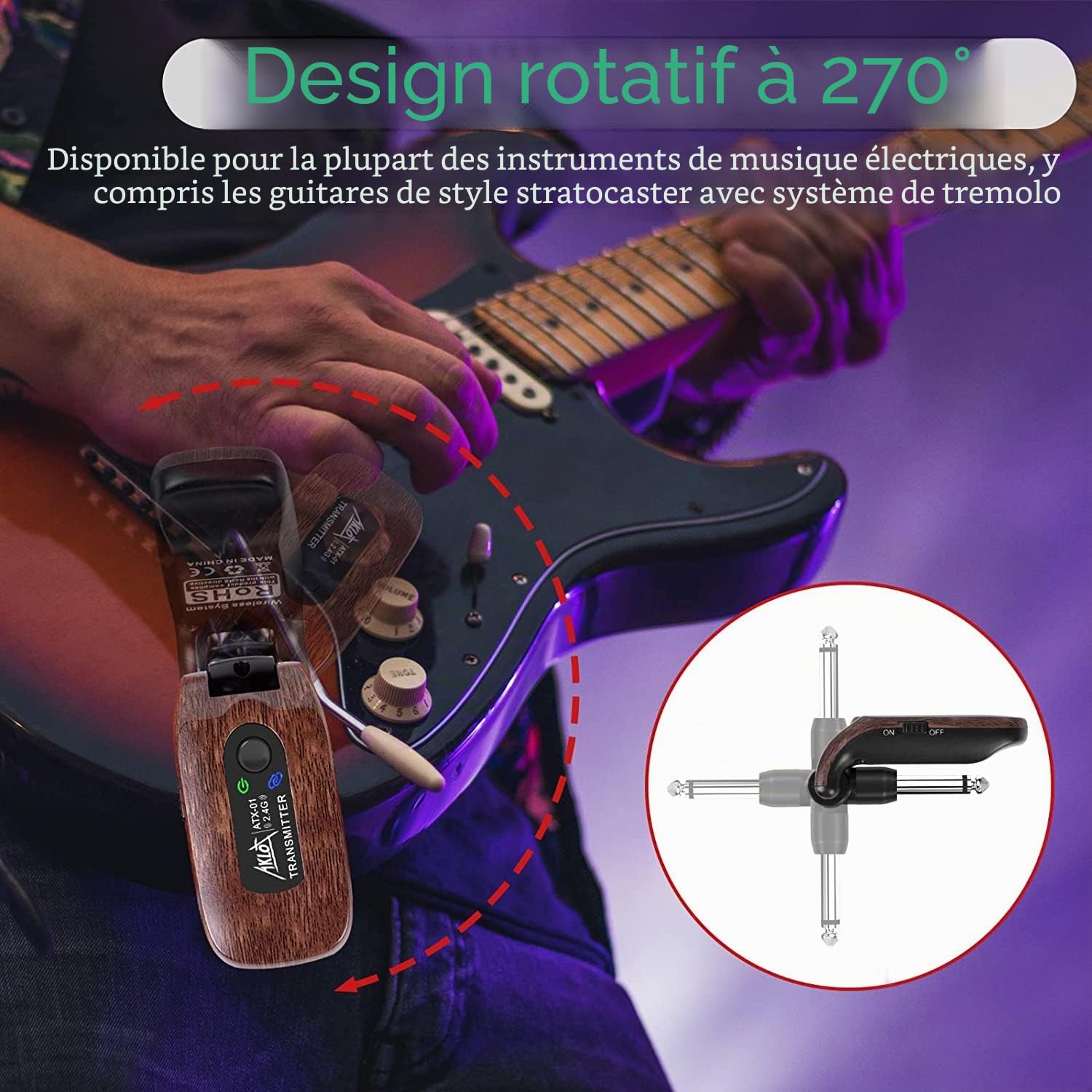 AKLOT Système de Guitare sans Fil Émetteur Récepteur Ensemble de 2,4 GHz de Batterie au Lithium Rechargeable intégrée numérique pour Basse de Guitare électrique