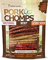 Pork Chomps 5-Inch Munchy Sticks Dog Chews - Assorted Pork Skin Flavors, 50 Count Long-Lasting Treats for Small Dogs