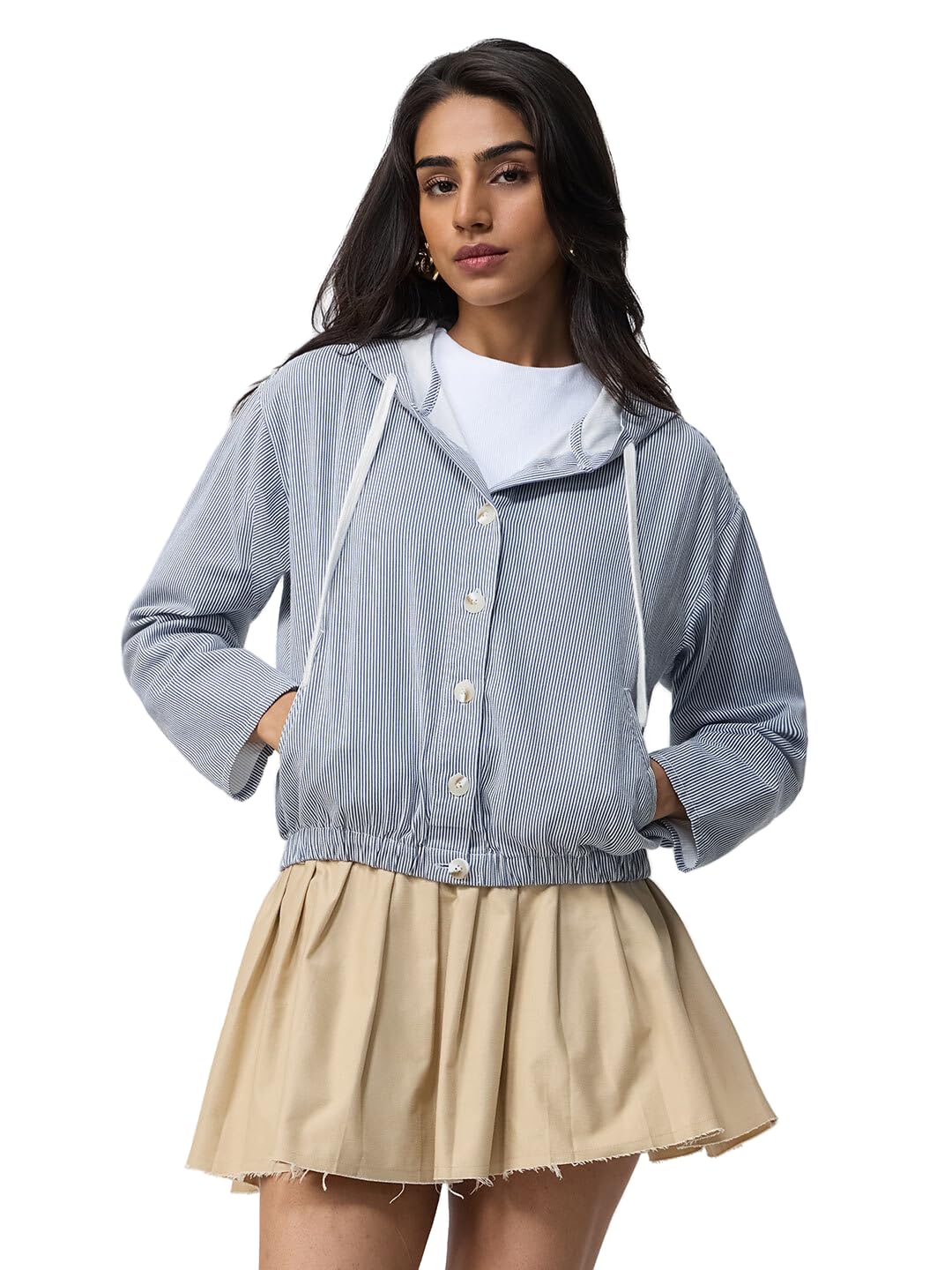 the souled store Waves Women and Girls Three-Quarter Sleeves Hooded Neck Blue Striped Cotton Oversized Fit Lightweight Everyday Casual Shacket-picture-11